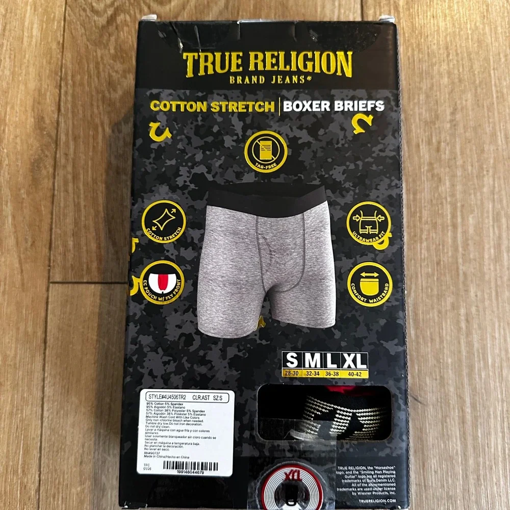 True Religion Mens 4 Pack Cotton Stretch Boxer Briefs Small Grey Red Black Logo